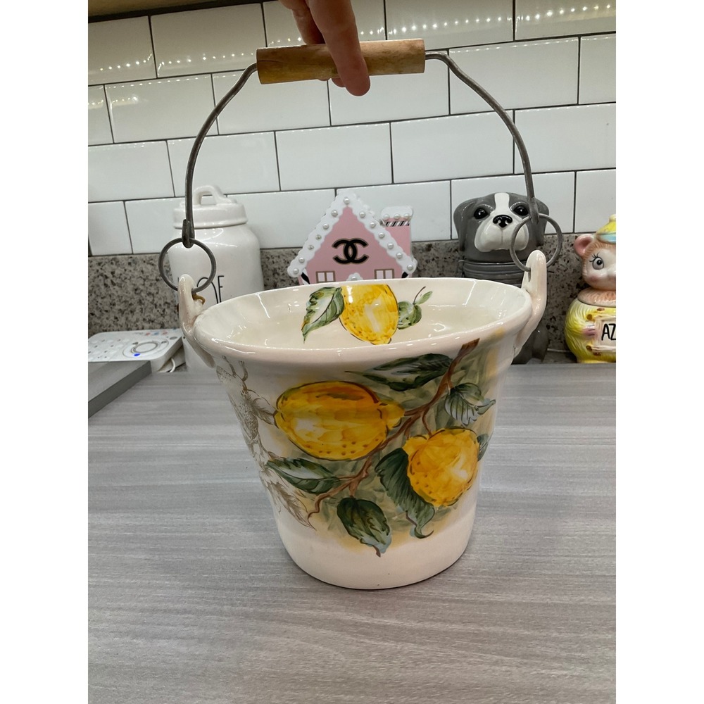MAXCERA LEMONS COLLECTION CERAMIC PAIL BUCKET WITH‎ WOOD HANDLE